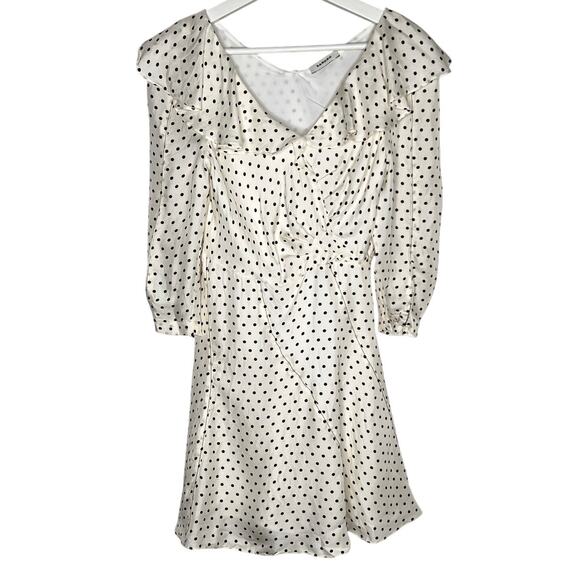 Sandro Puffed Sleeve Ruffled Polka Dot Twill Mini Dress White/Black 34 US XS - Picture 3 of 13